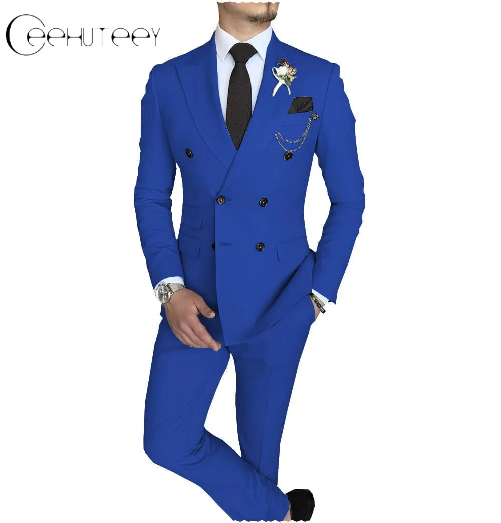 Mens 2 Piece Suit Slim Fit Double Breasted Peak Lapel Mens Coat (Blazer Pants)