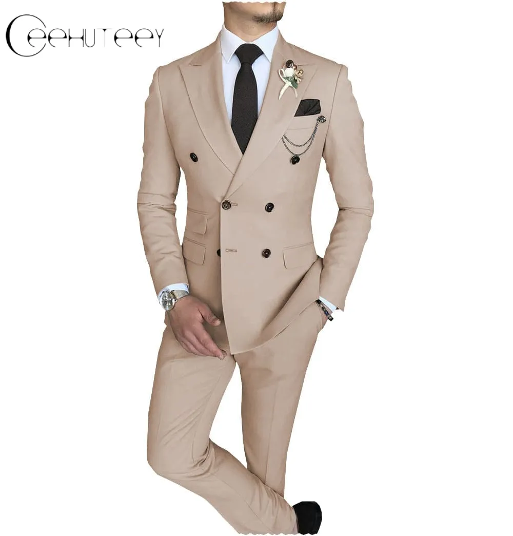 Mens 2 Piece Suit Slim Fit Double Breasted Peak Lapel Mens Coat (Blazer Pants)