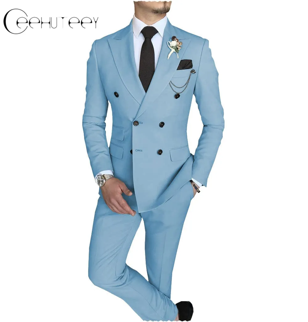 Mens 2 Piece Suit Slim Fit Double Breasted Peak Lapel Mens Coat (Blazer Pants)