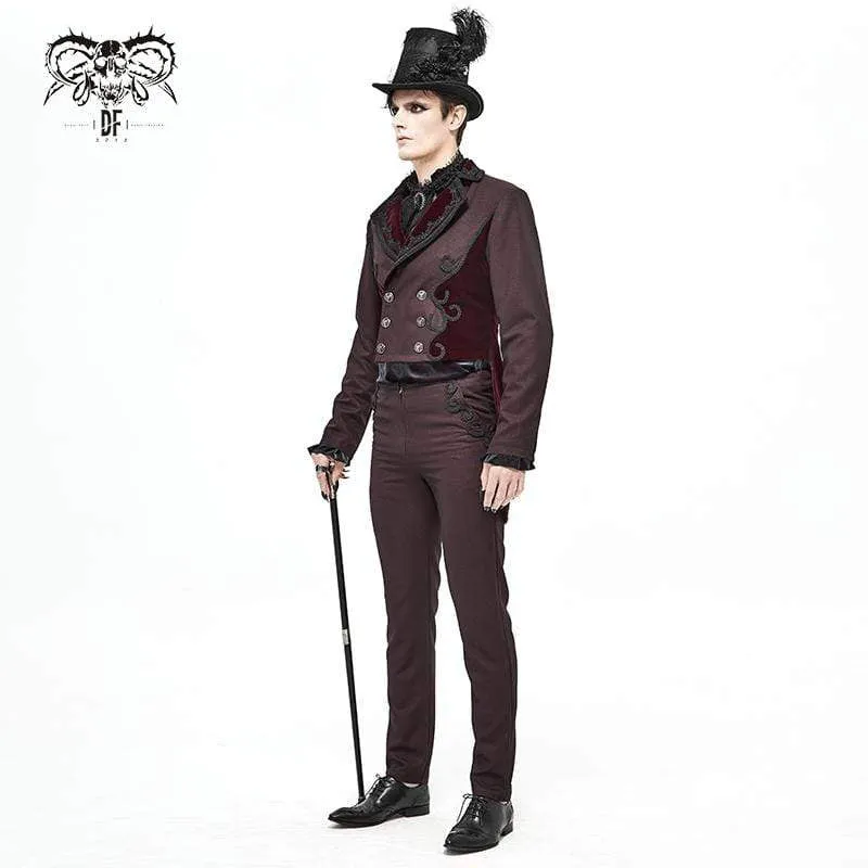 Men's Gothic Double-breasted Jacquard Swallow-tailed Suit Coat Dark Red