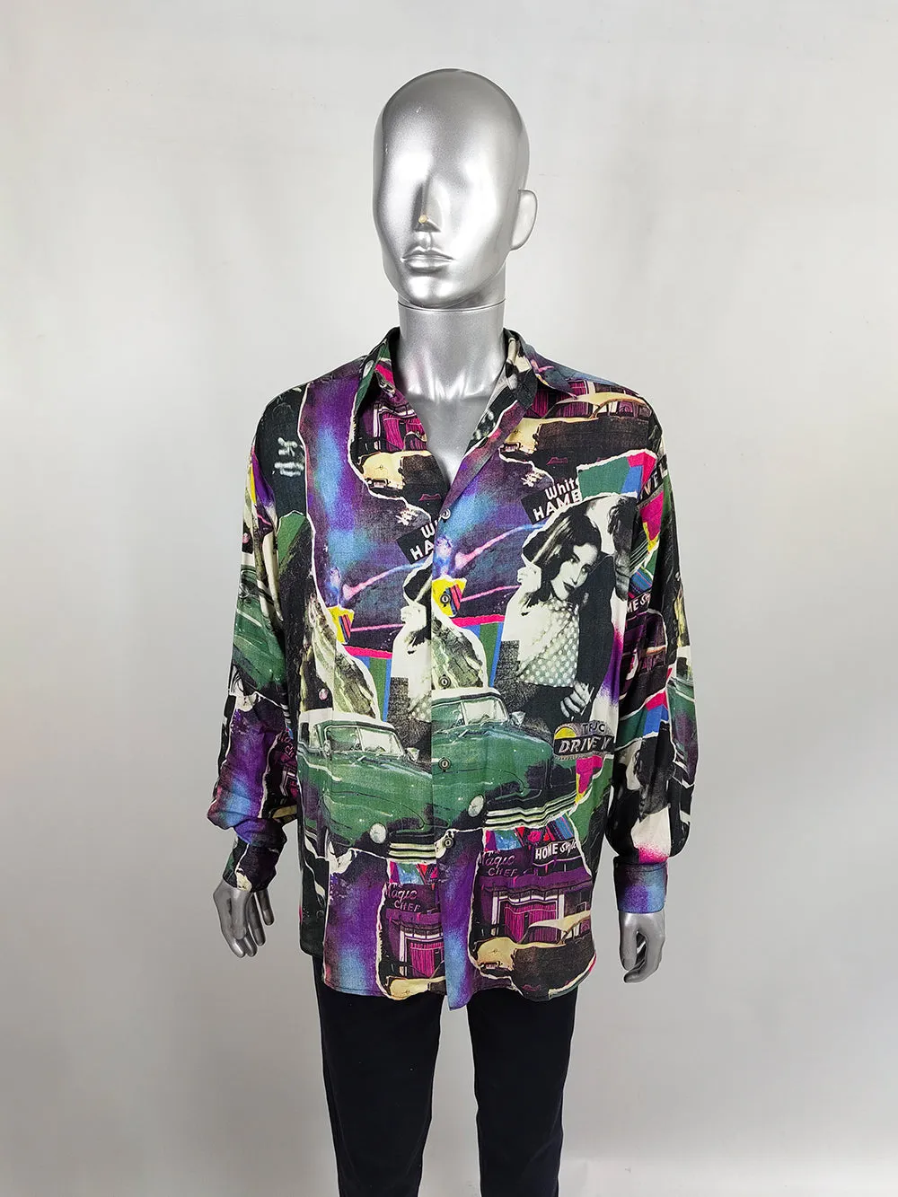 Mens Vintage Old Hollywood Print Long Sleeve Viscose Shirt, 1990s