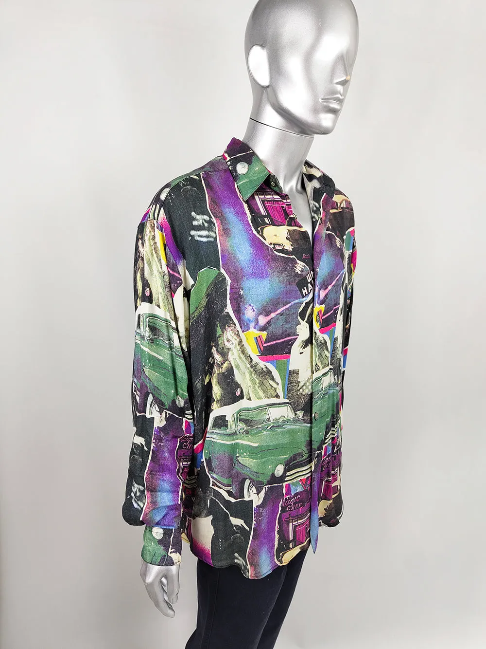 Mens Vintage Old Hollywood Print Long Sleeve Viscose Shirt, 1990s