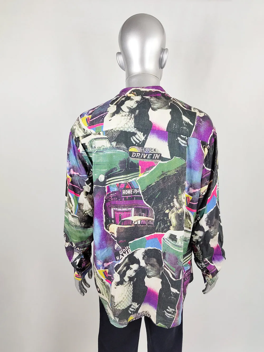 Mens Vintage Old Hollywood Print Long Sleeve Viscose Shirt, 1990s