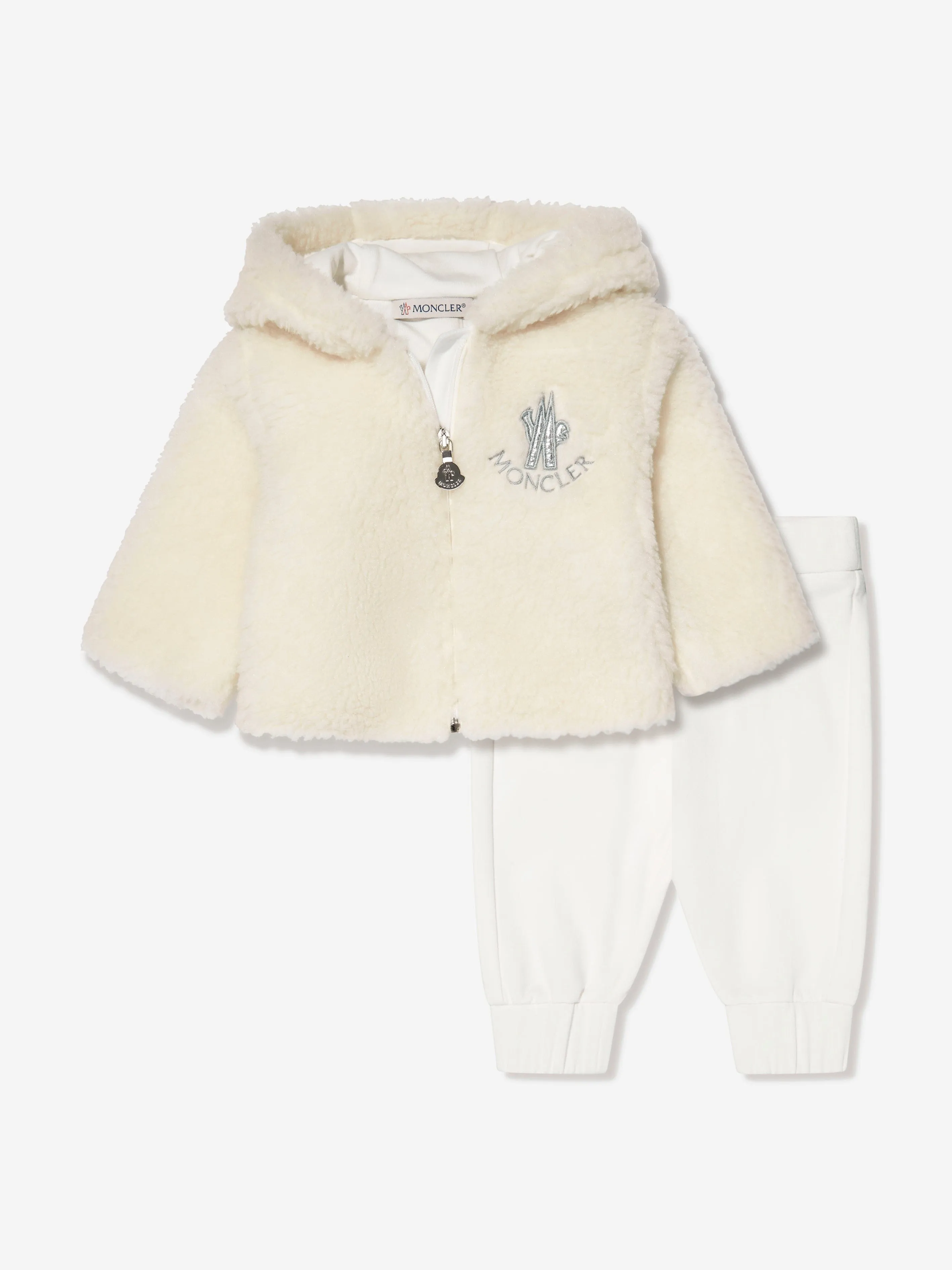 Moncler Enfant Baby Faux Fur Zip Up And Pants Set in Ivory