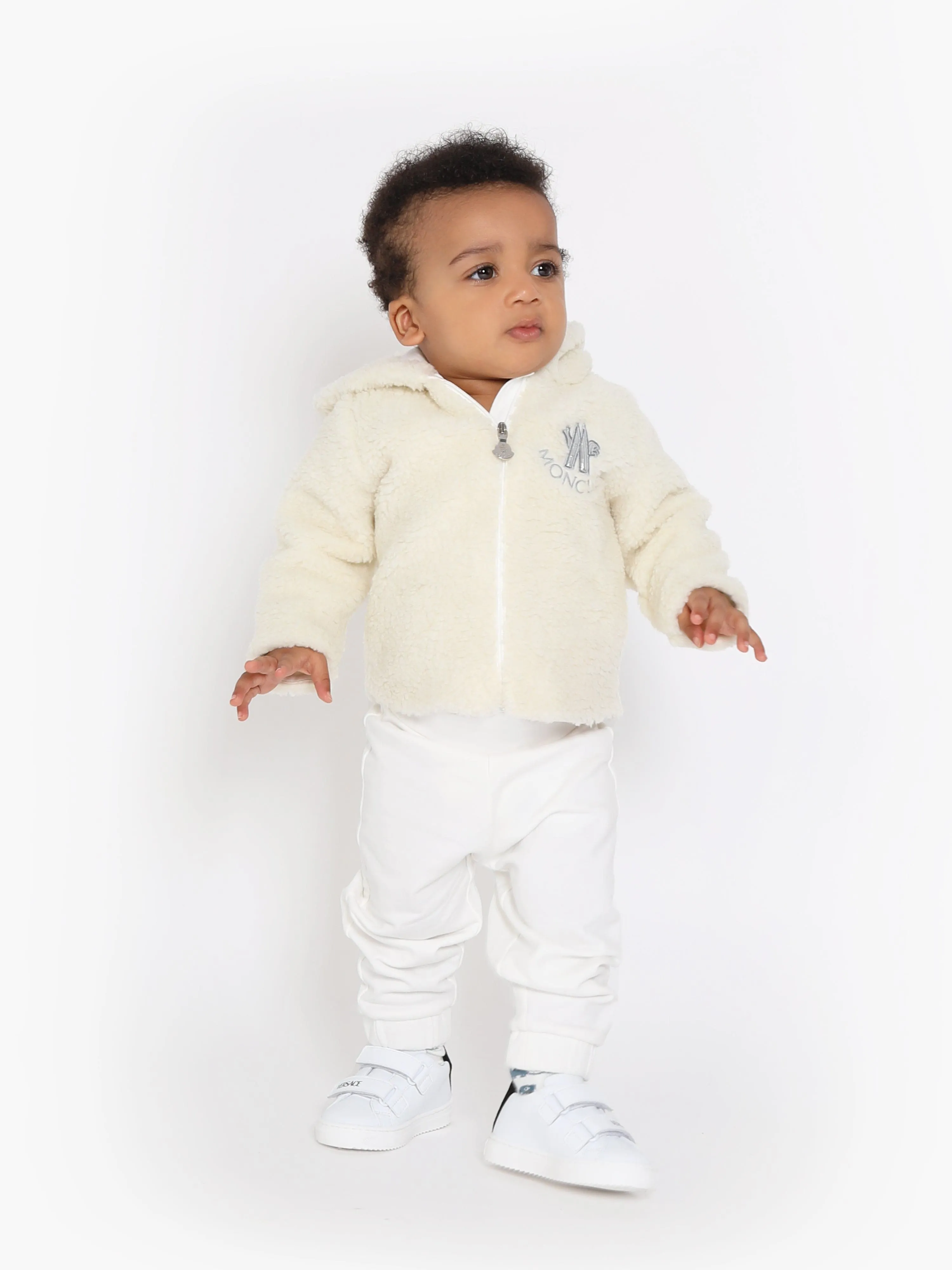 Moncler Enfant Baby Faux Fur Zip Up And Pants Set in Ivory