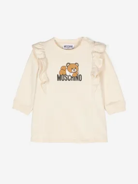 Moschino Baby Girls Bear Logo Dress With Gift Box in Beige