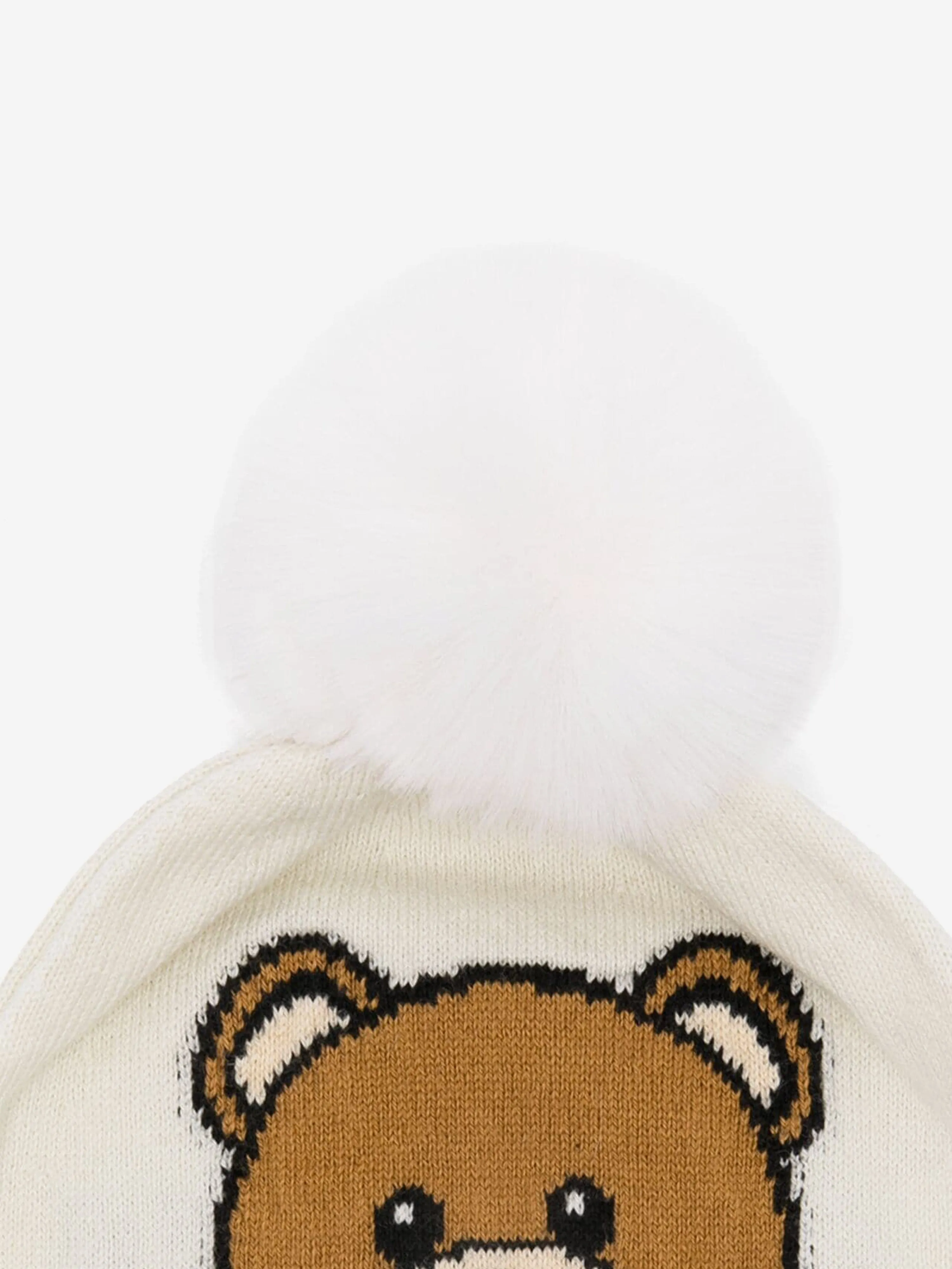 Moschino Baby Knitted Bear Bobble Hat in Ivory