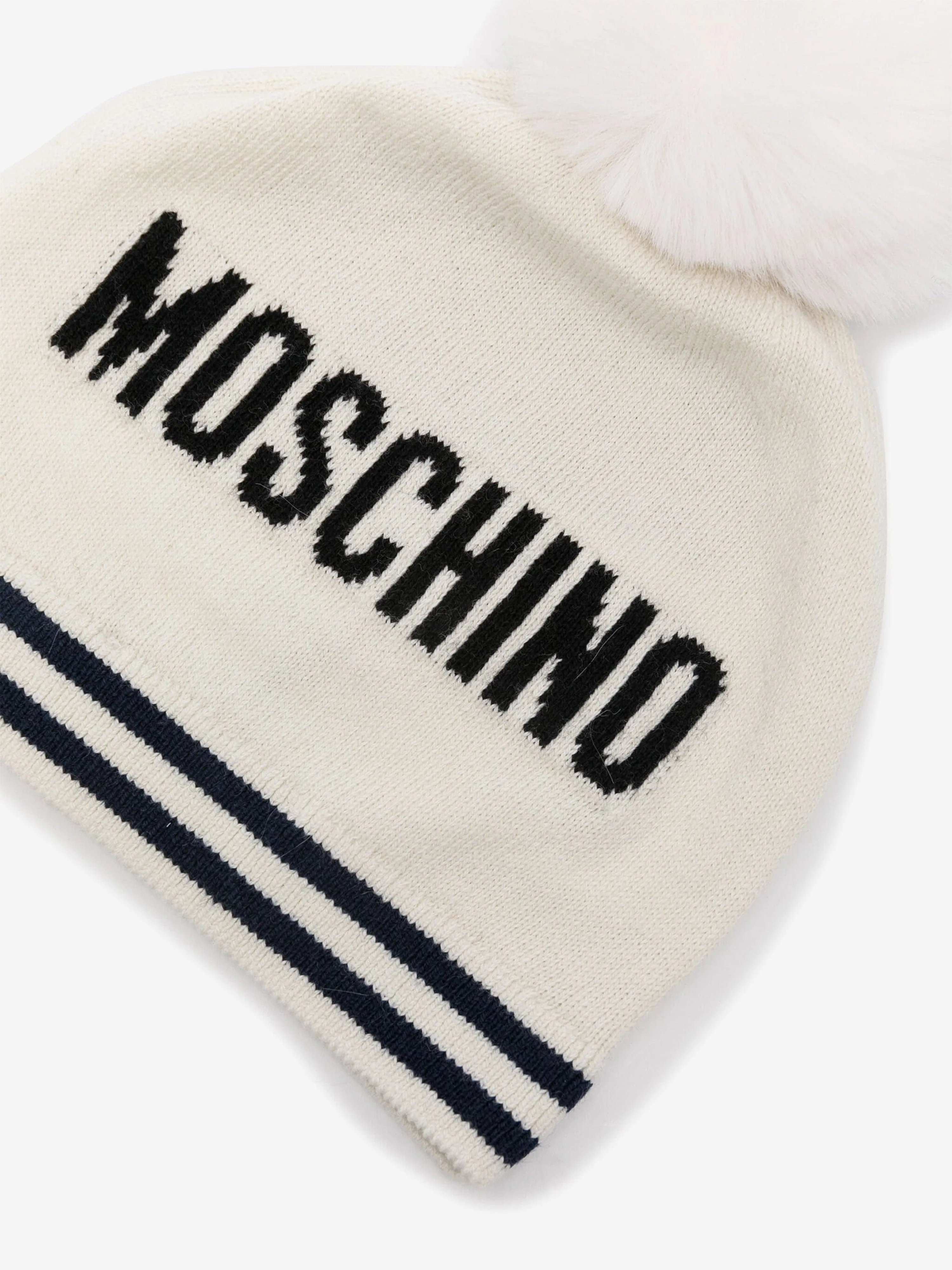 Moschino Baby Knitted Bear Bobble Hat in Ivory