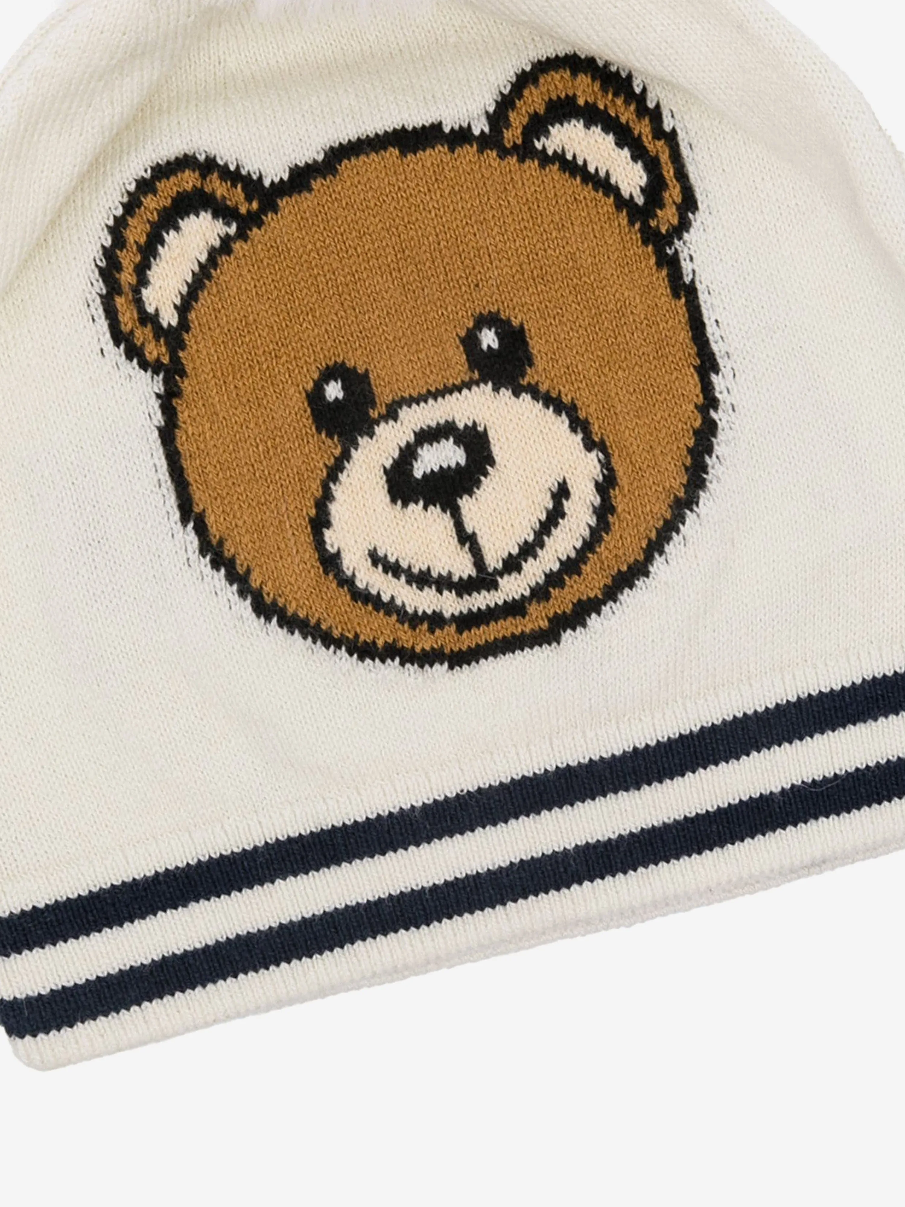 Moschino Baby Knitted Bear Bobble Hat in Ivory