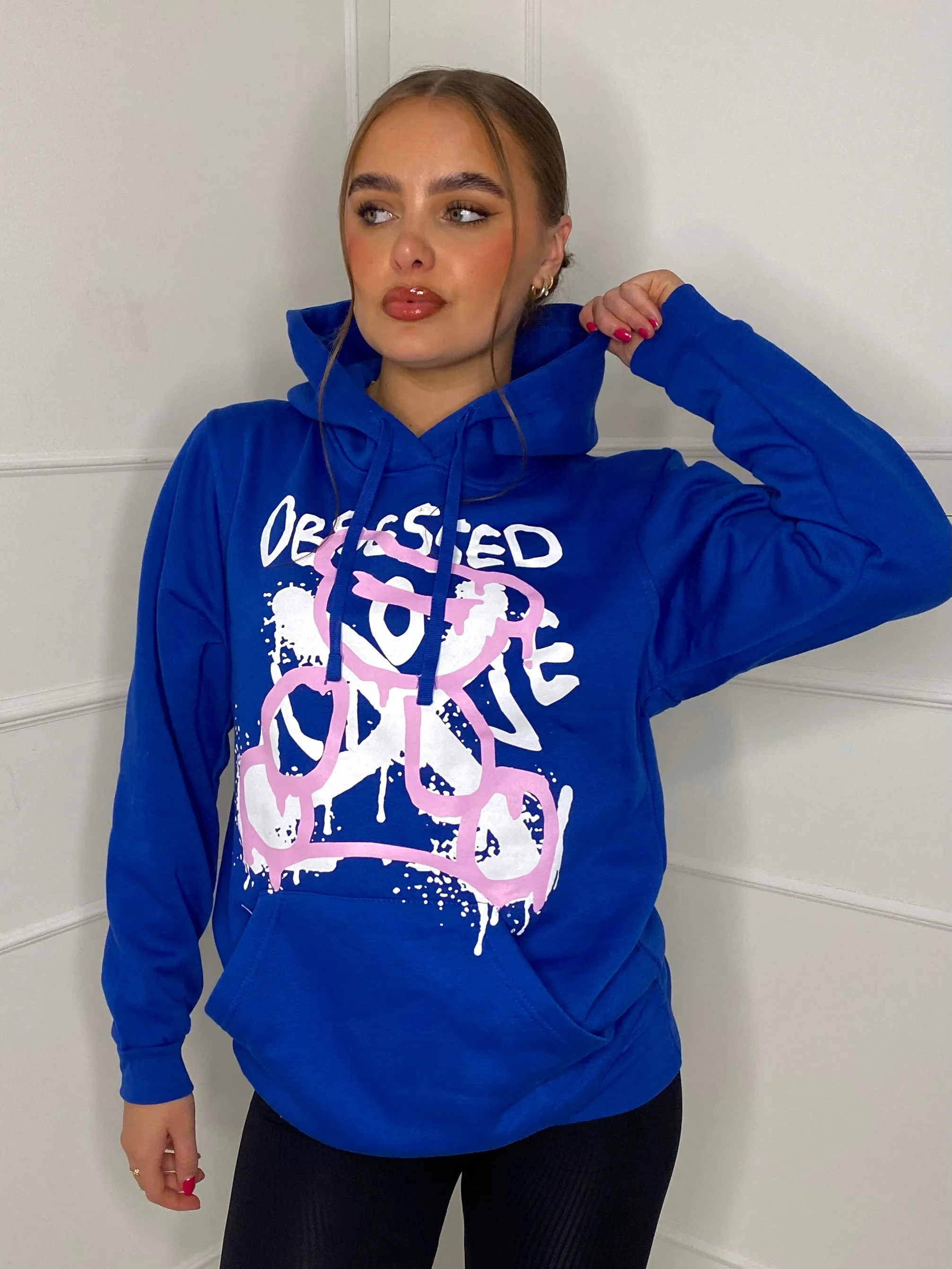 Obsessed Teddy Print Hoodie - Royal Blue