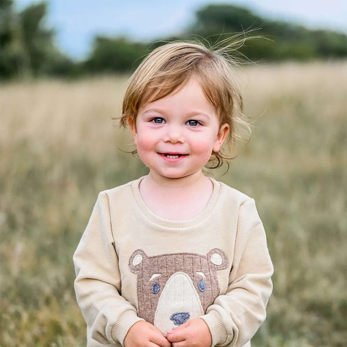 oh baby! Brooklyn Boxy Sweatshirt with Teddy Bear Face Applique - Oat