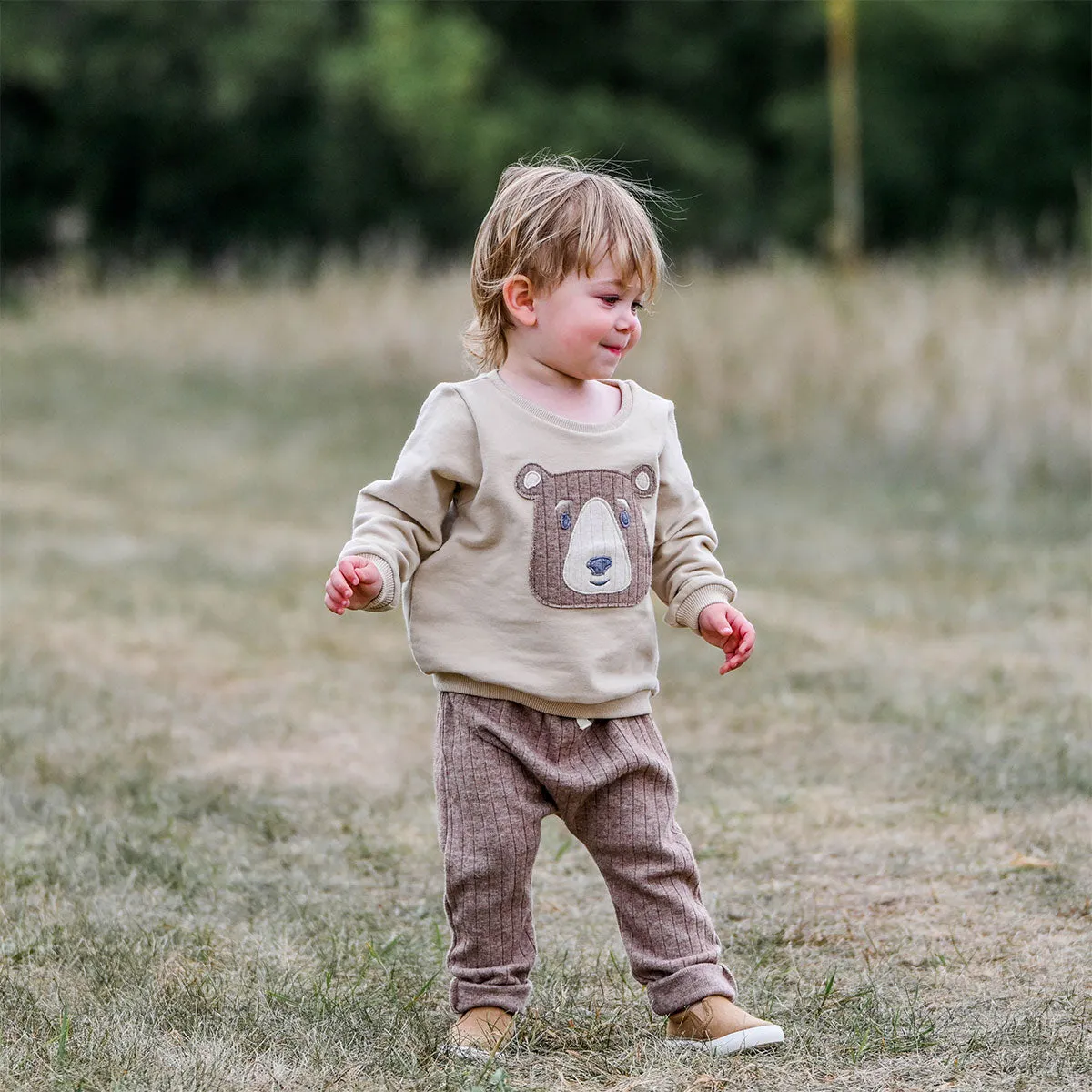 oh baby! Brooklyn Boxy Sweatshirt with Teddy Bear Face Applique - Oat