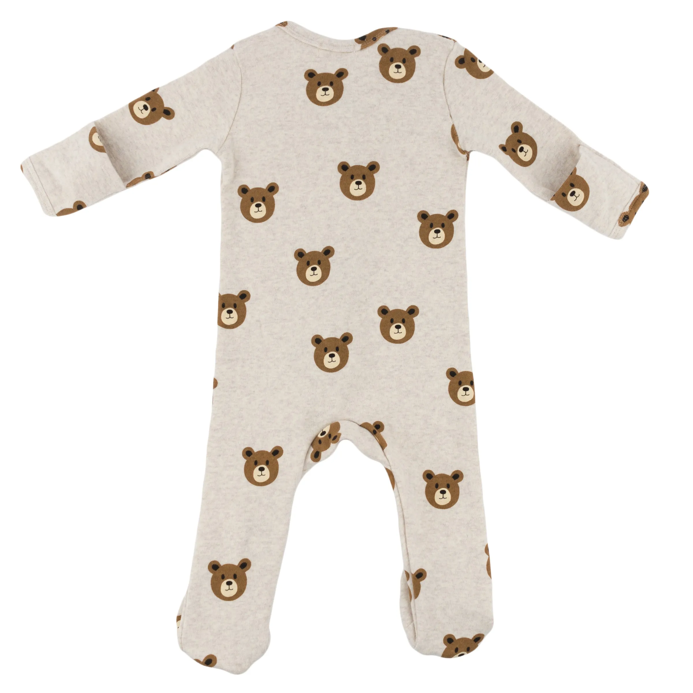 oh baby! Cotton Zipper Footie - Teddy Bear Face Print - Malt