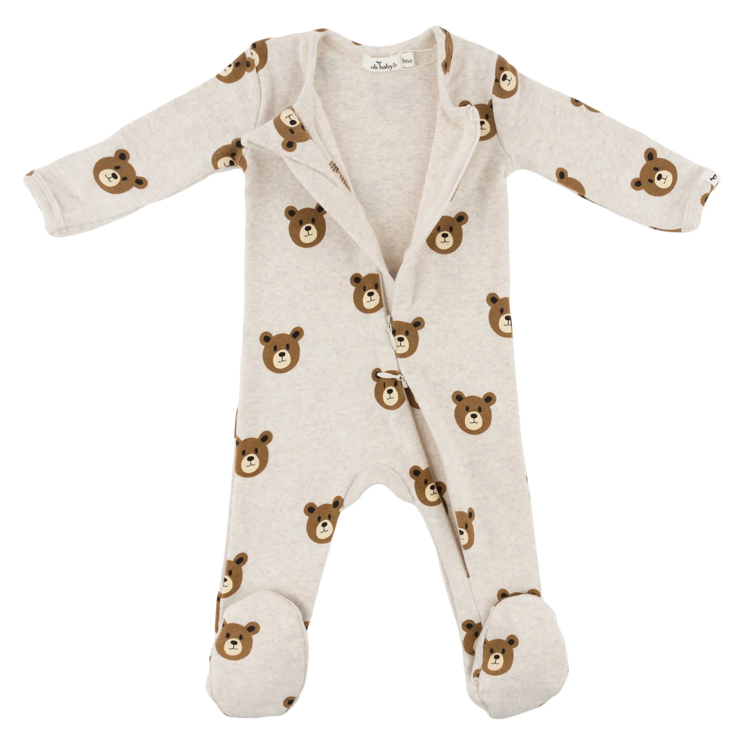 oh baby! Cotton Zipper Footie - Teddy Bear Face Print - Malt