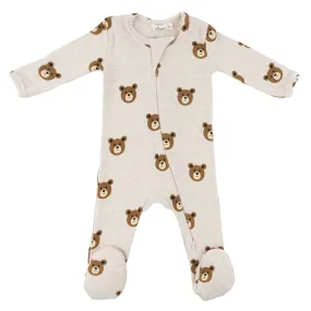 oh baby! Cotton Zipper Footie - Teddy Bear Face Print - Malt