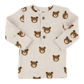 oh baby! Long Sleeve Elbow Patch Henley Tee - Teddy Bear Faces Print - Malt