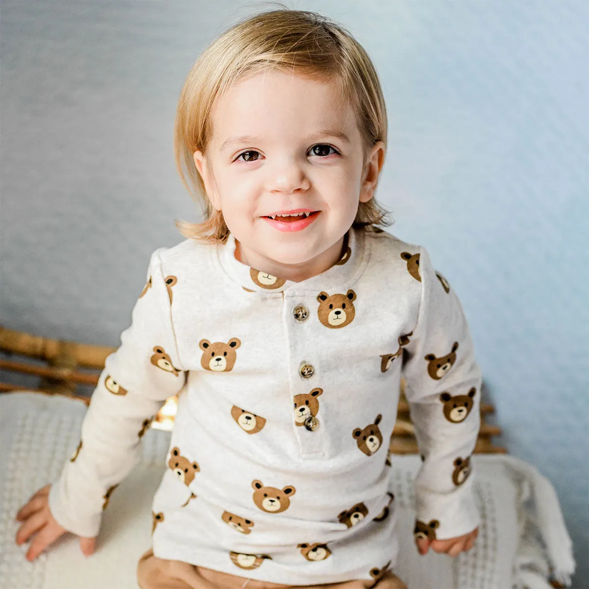 oh baby! Long Sleeve Elbow Patch Henley Tee - Teddy Bear Faces Print - Malt