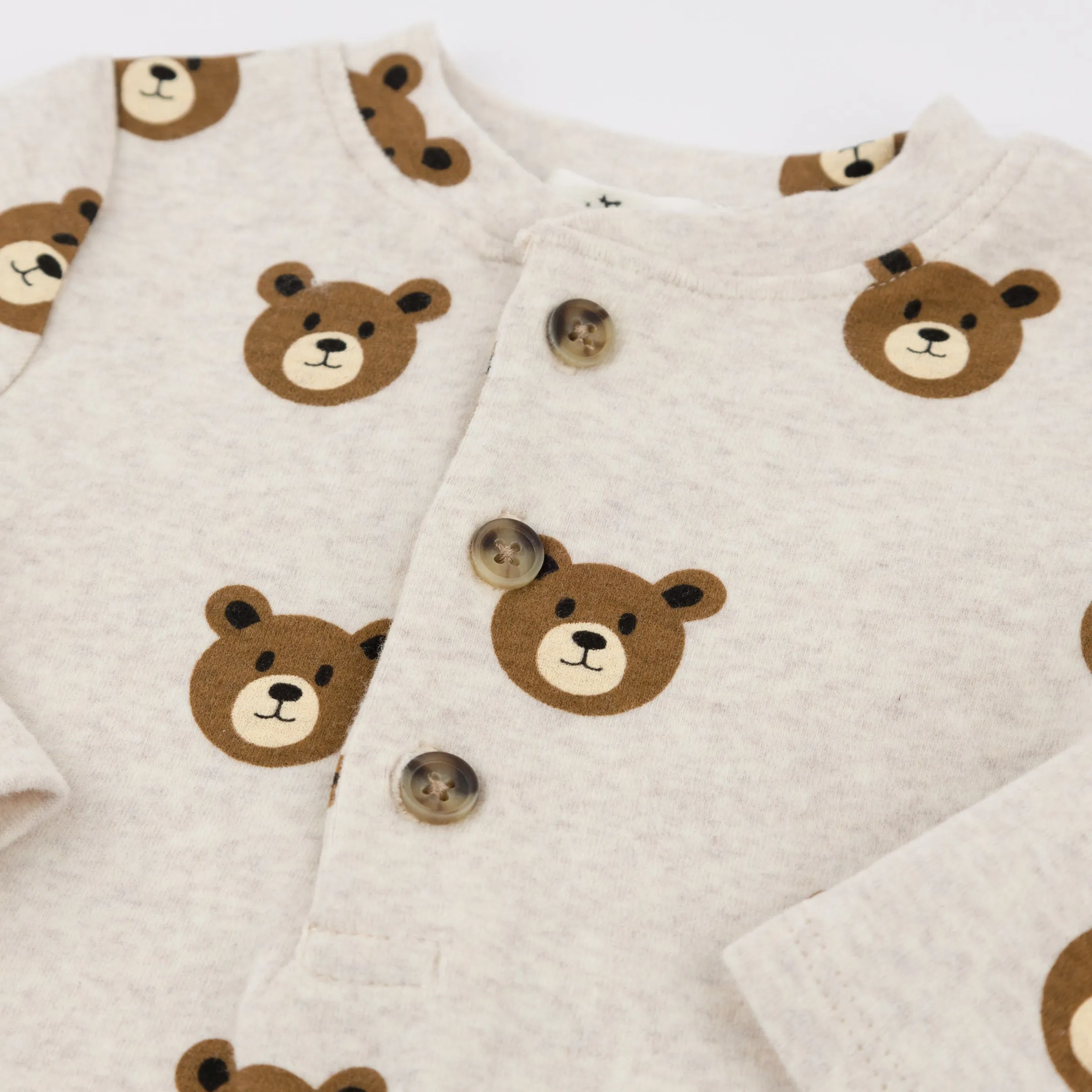 oh baby! Long Sleeve Elbow Patch Henley Tee - Teddy Bear Faces Print - Malt