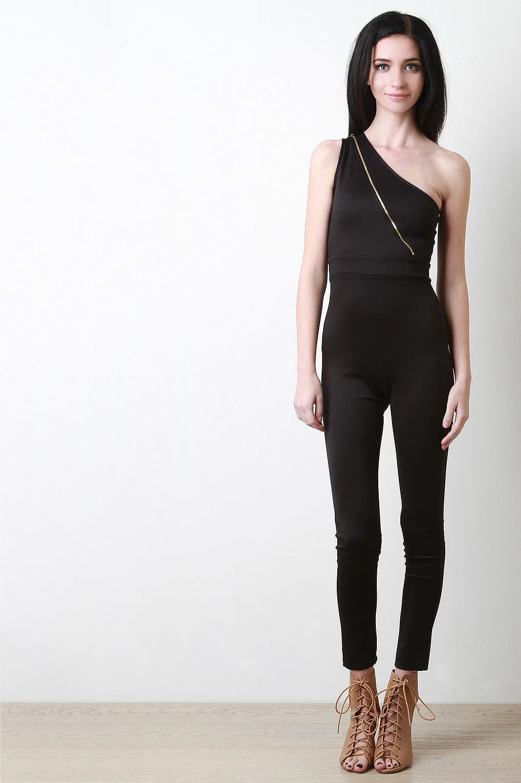 One Shoulder Zipper Jumpsuit