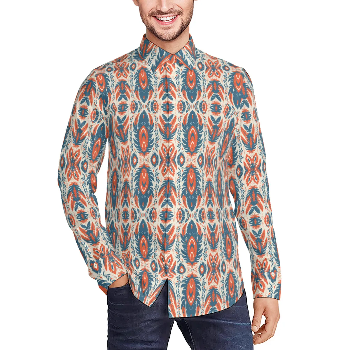 Orange Blue Western Shirt, Western Aztec Shirt, Aztec Graphic Shirt, Aztec patterns, Native American Shirt, Native American Style Shirt