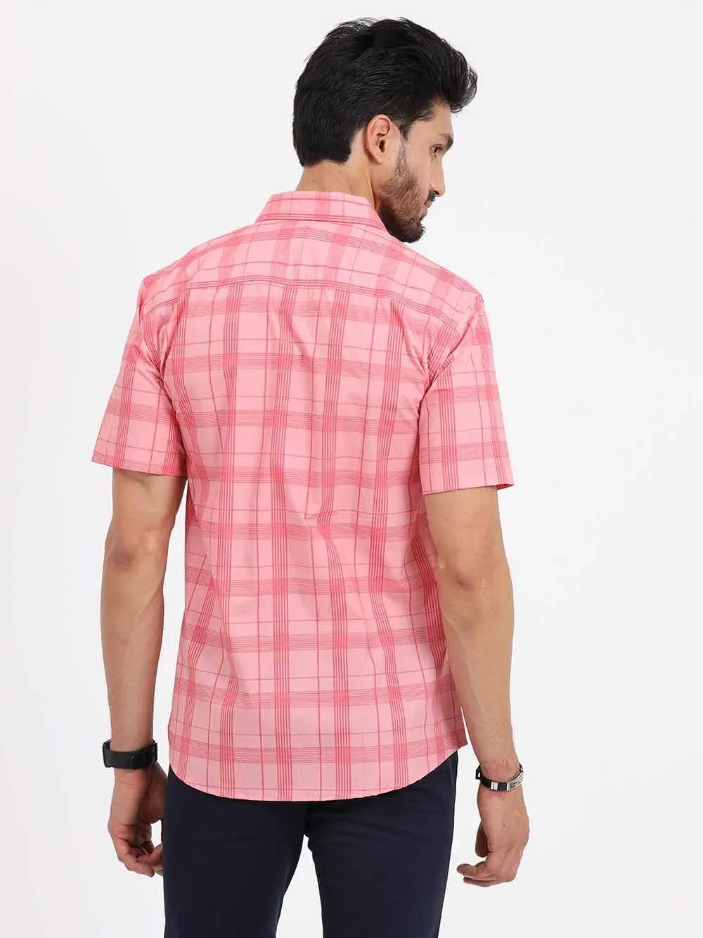 Pink Stripe Checks Half Sleeve Shirt