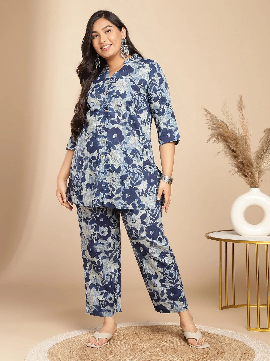 Plus Size Indigo Cotton Floral A-Line Co-ord Set  - By Janasya