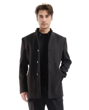 Rare Rabbit Men Fanzo Black Polyester Rayon Fabric Full Sleeve Curved Collar Plain Coat