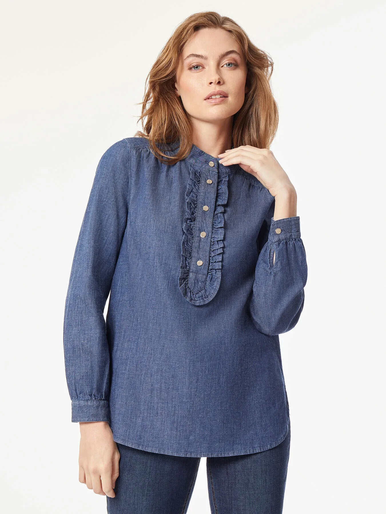 Ruffle Front Denim Popover Tunic