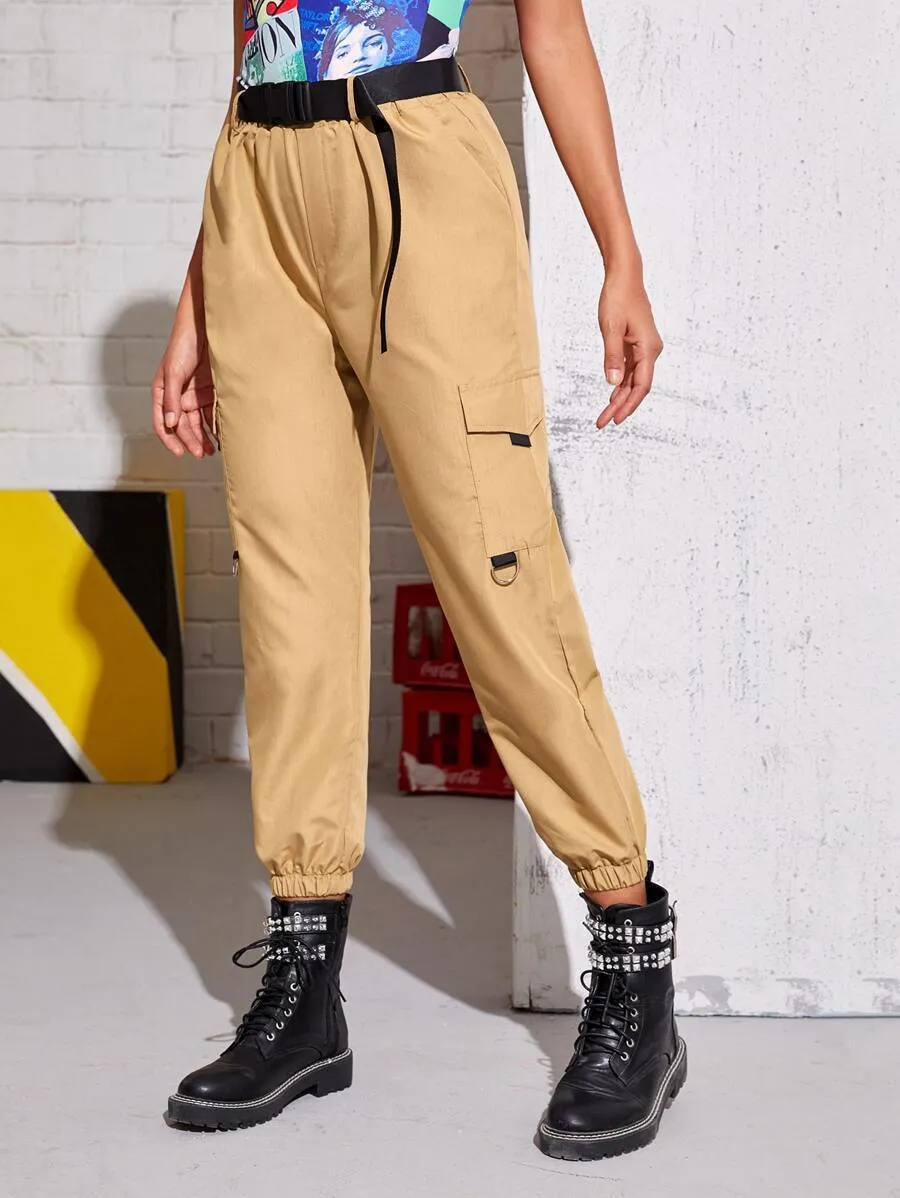 Side Flap Pocket Buckle Belted Cargo Pants