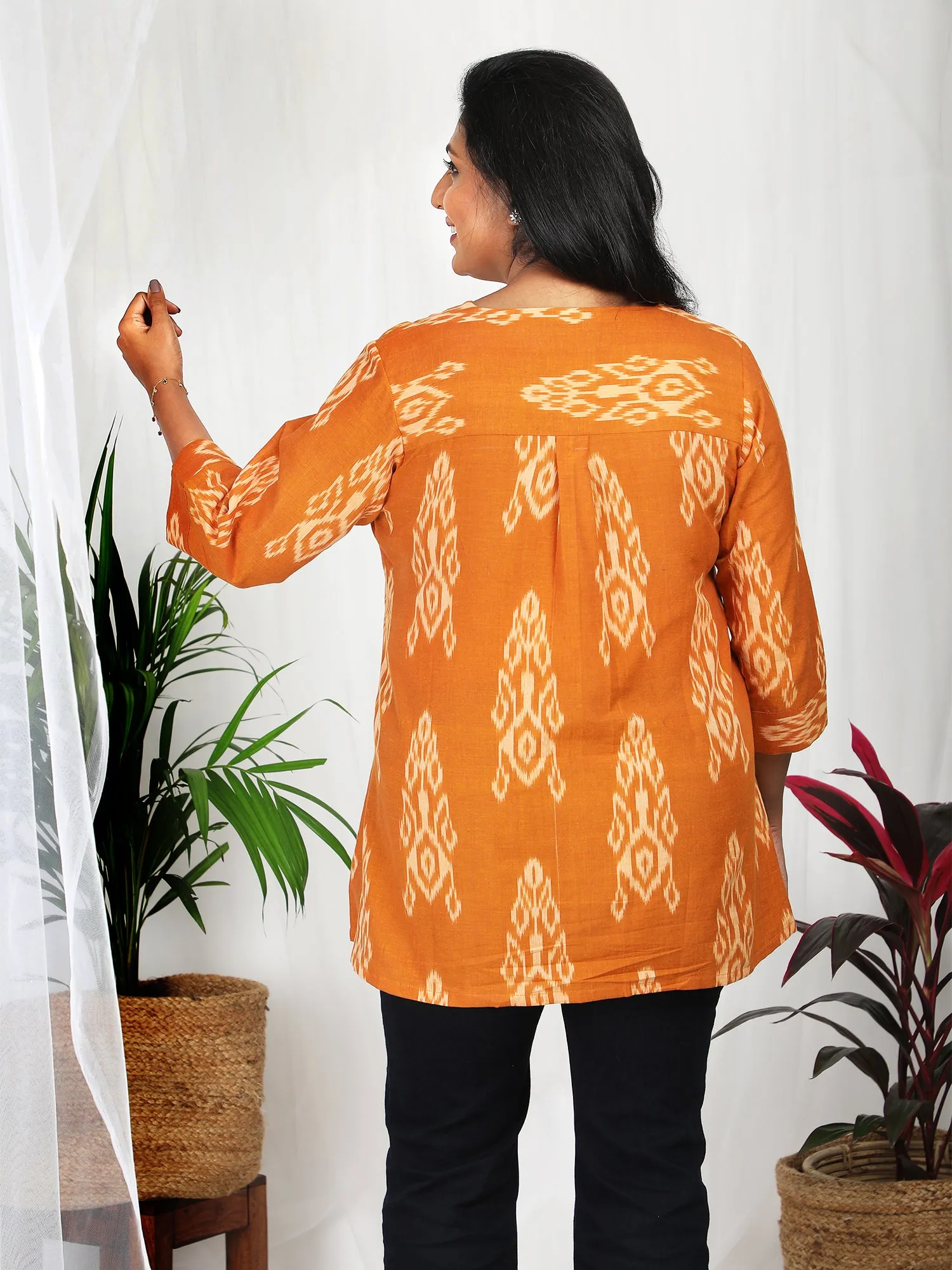 Srija Mustard Ikkat Mercerized Cotton Tunic Top