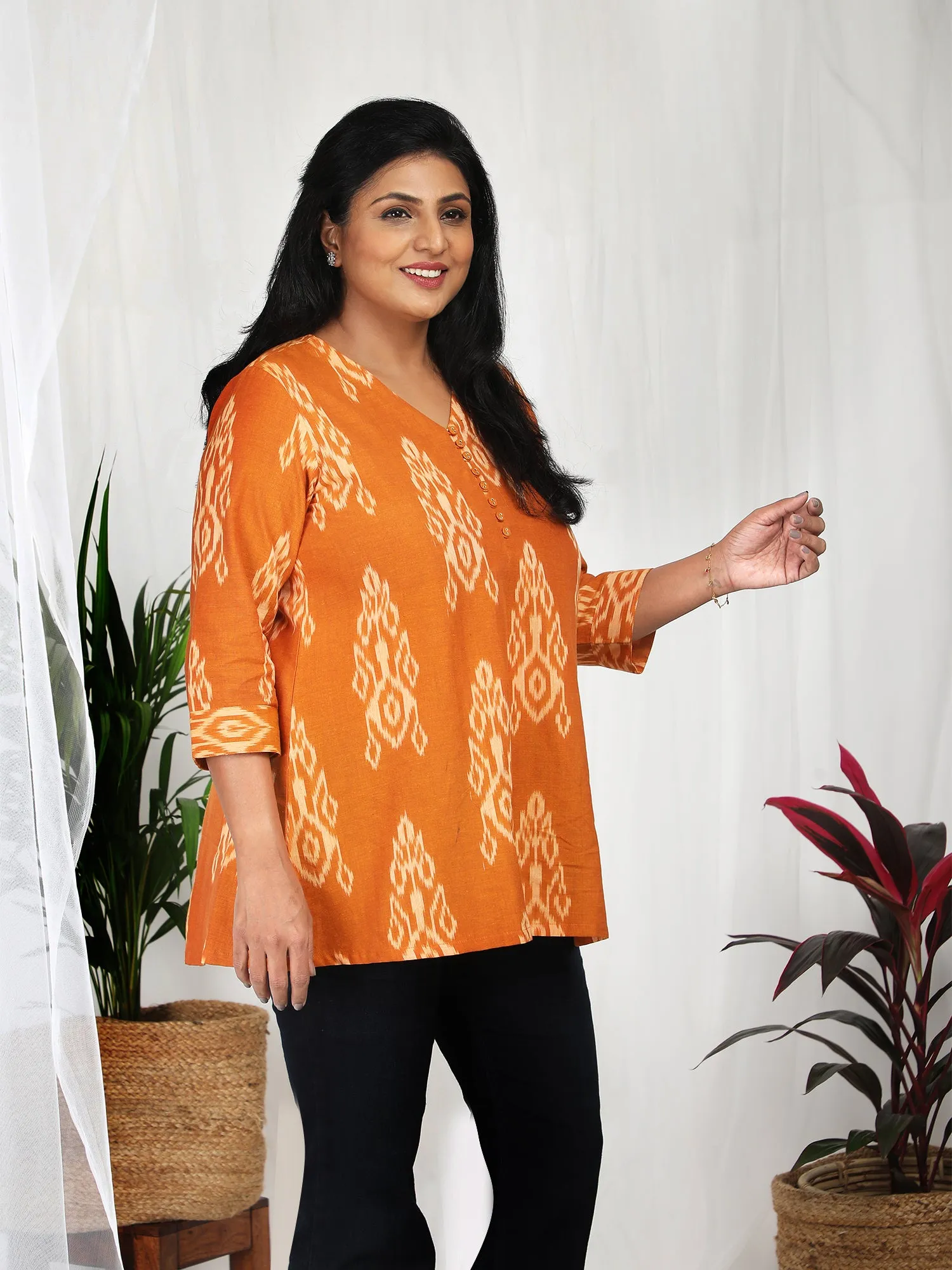 Srija Mustard Ikkat Mercerized Cotton Tunic Top