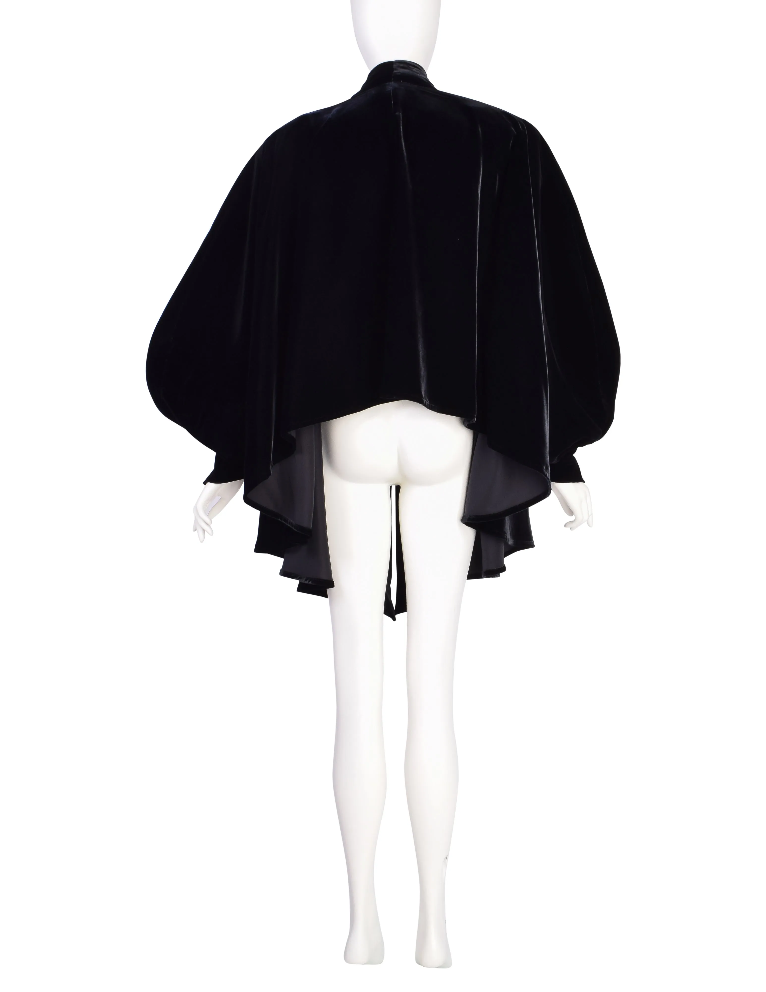 Thierry Mugler Vintage 1980s Black Velvet Draping High Low Dramatic Sleeve Coat