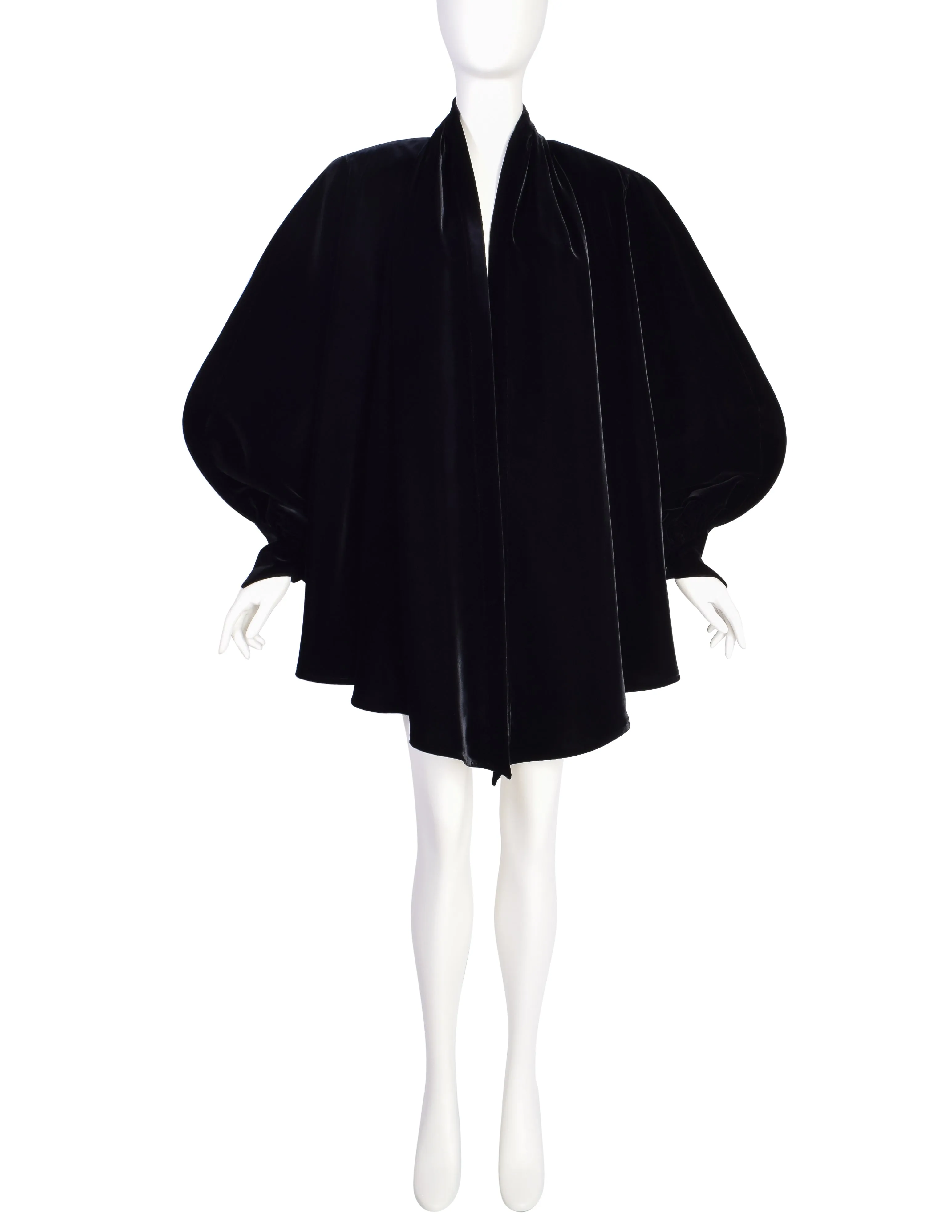 Thierry Mugler Vintage 1980s Black Velvet Draping High Low Dramatic Sleeve Coat