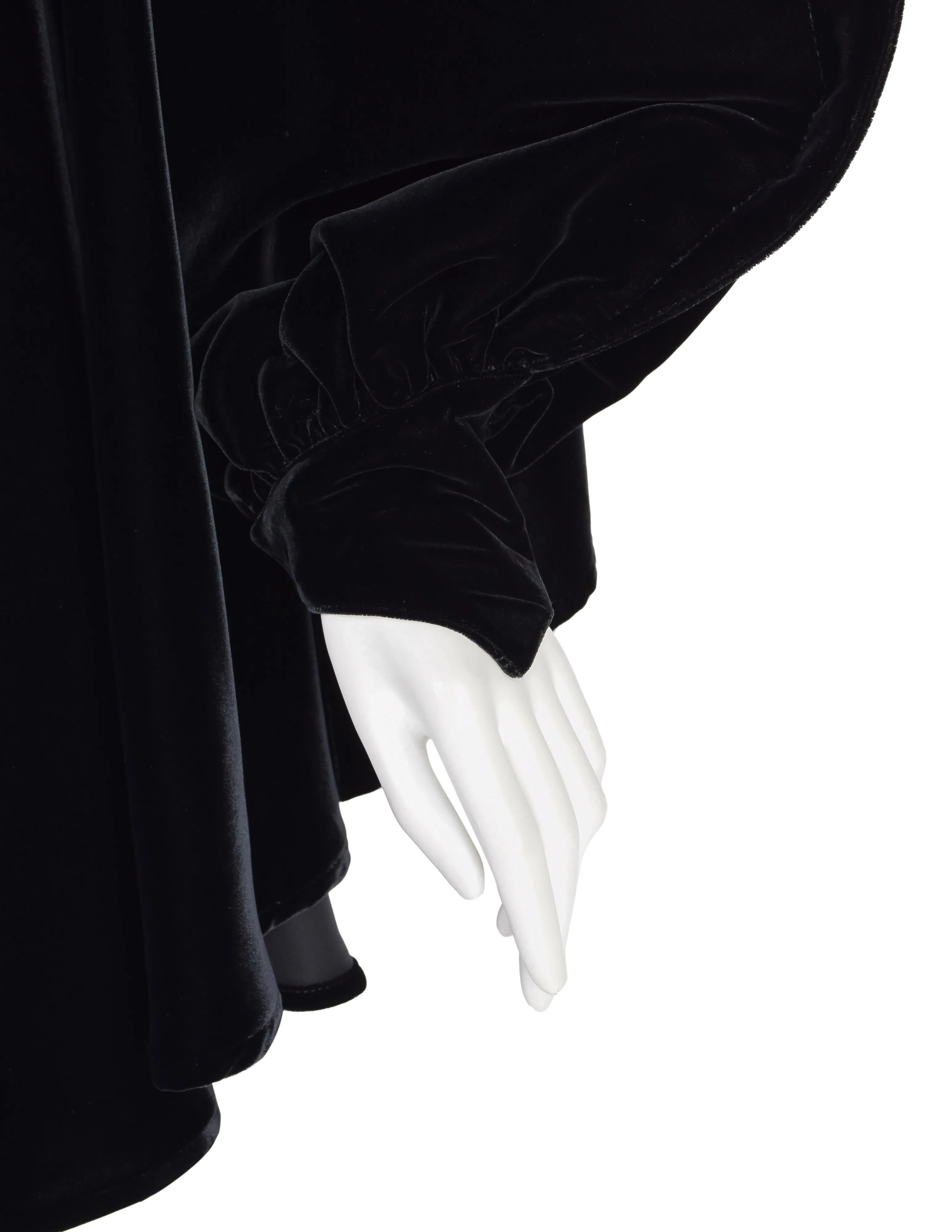 Thierry Mugler Vintage 1980s Black Velvet Draping High Low Dramatic Sleeve Coat