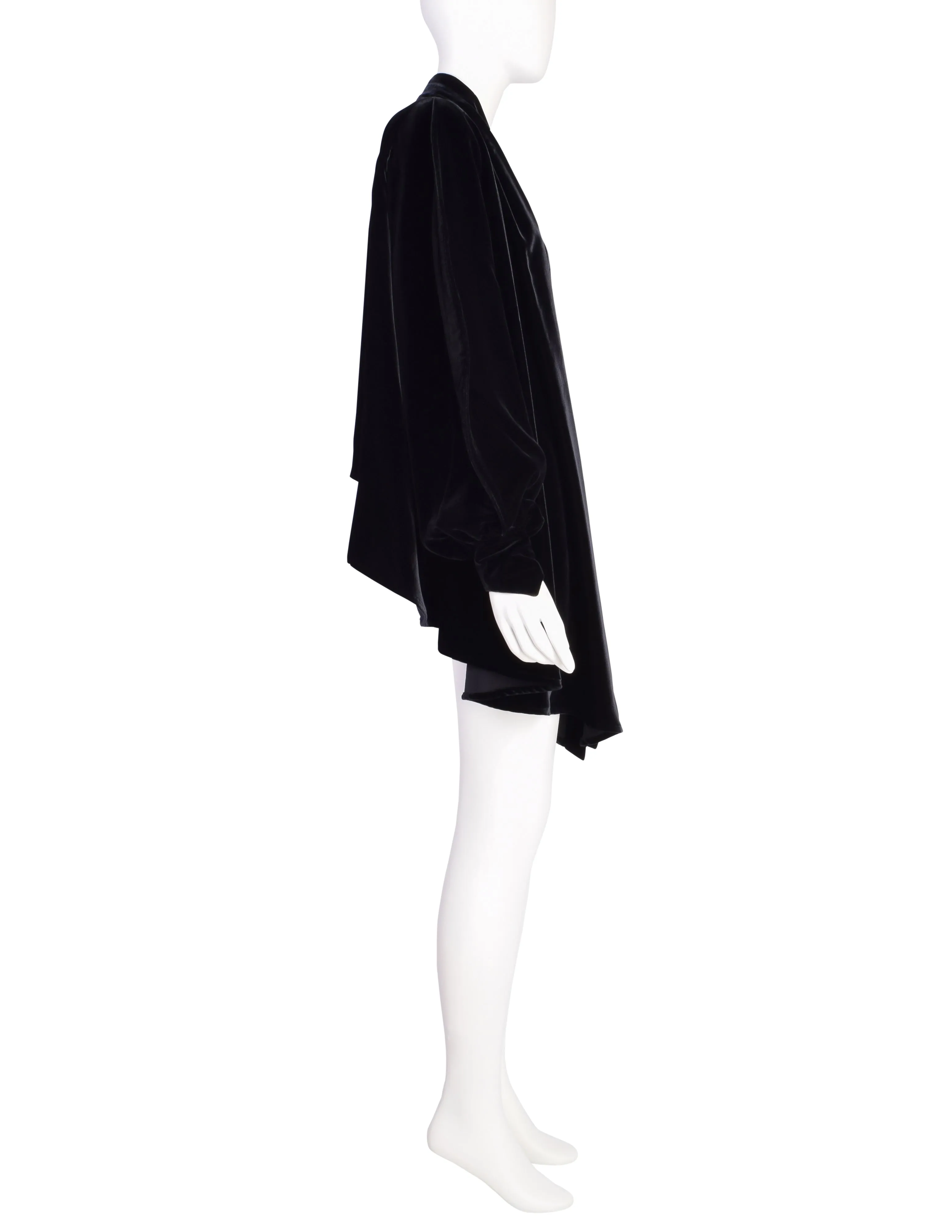 Thierry Mugler Vintage 1980s Black Velvet Draping High Low Dramatic Sleeve Coat