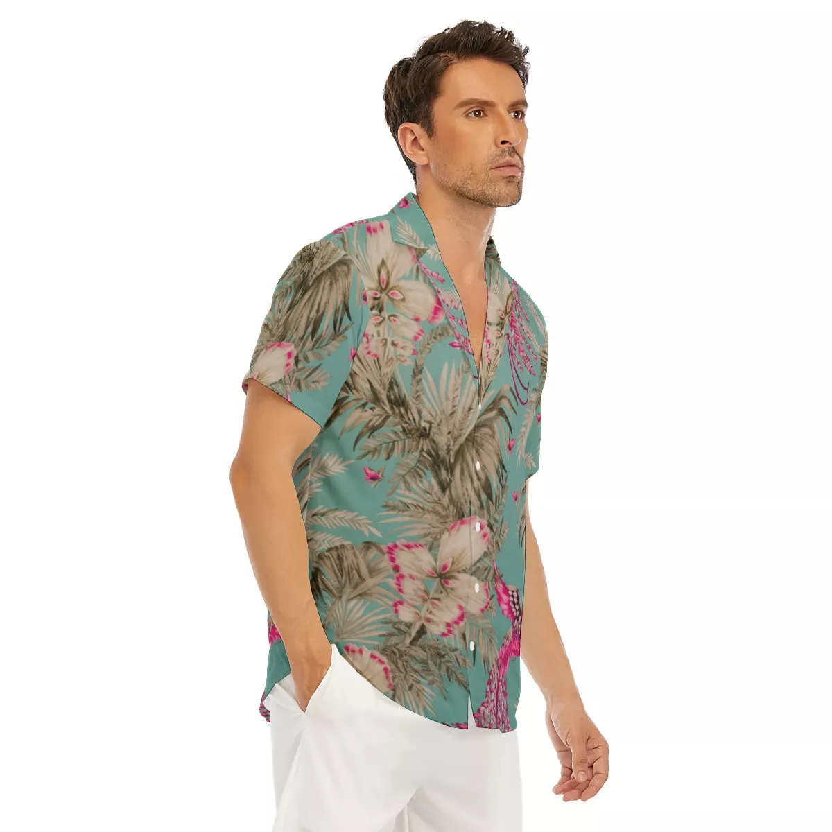 Vintage Bird & Tropical Palm V-Neck Short Sleeve Shirt