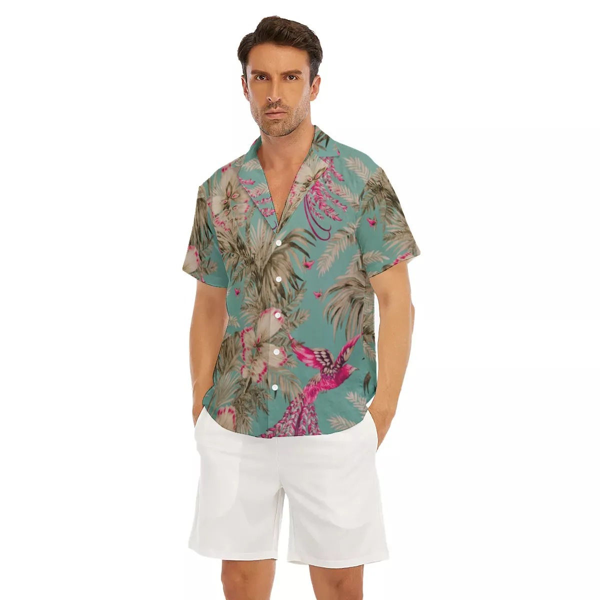 Vintage Bird & Tropical Palm V-Neck Short Sleeve Shirt