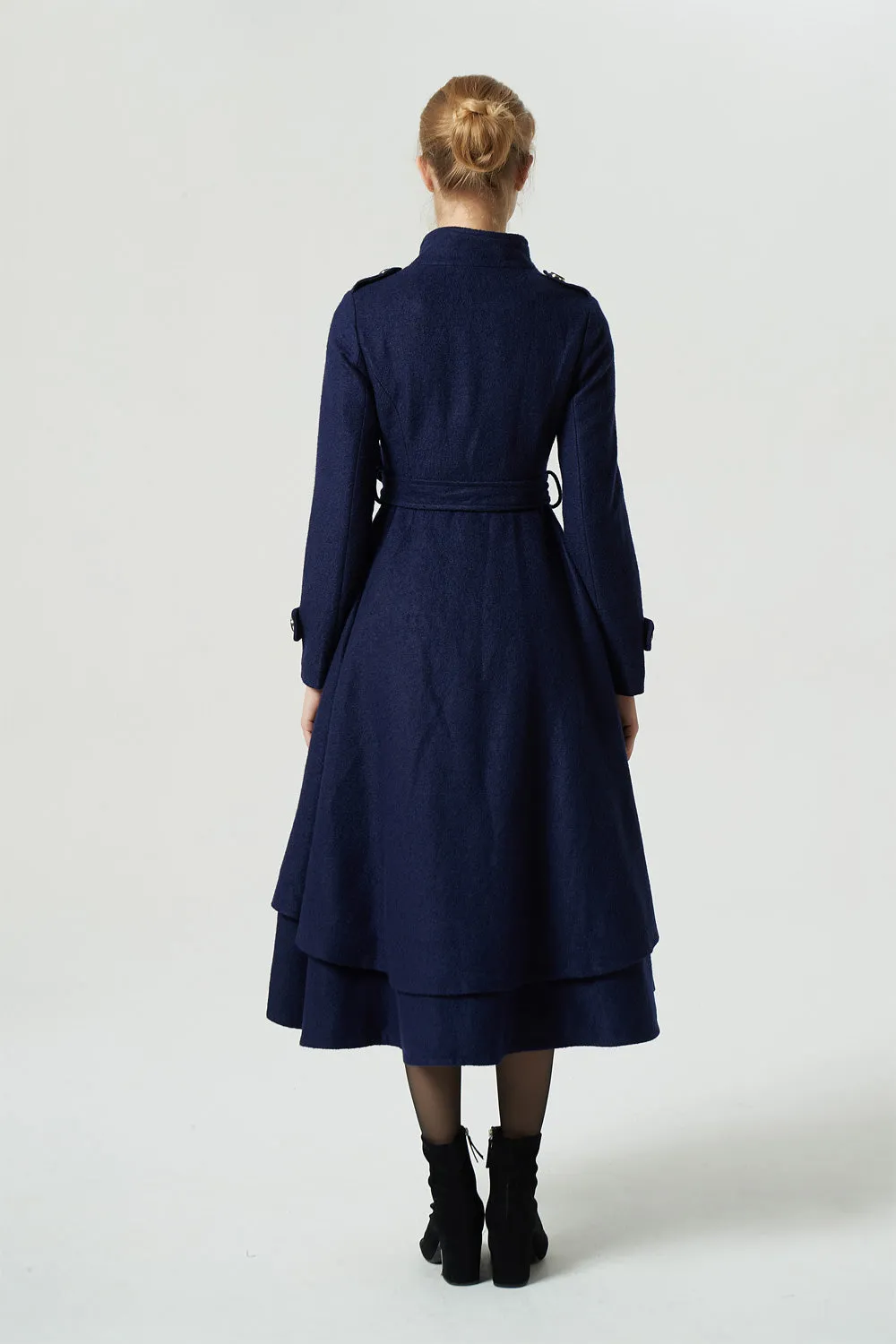 vintage inspired navy blue tiered wool coat 1981#