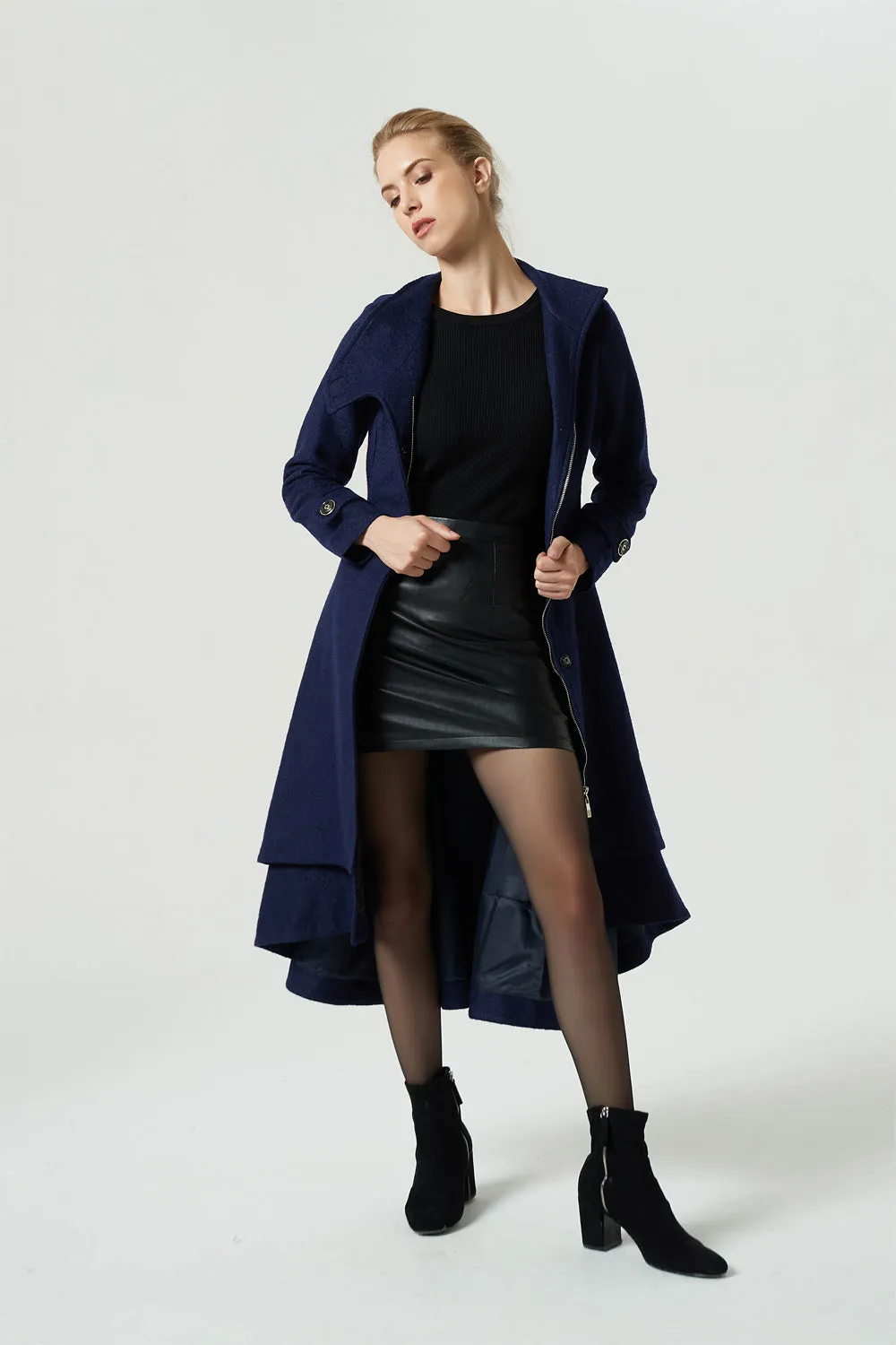 vintage inspired navy blue tiered wool coat 1981#