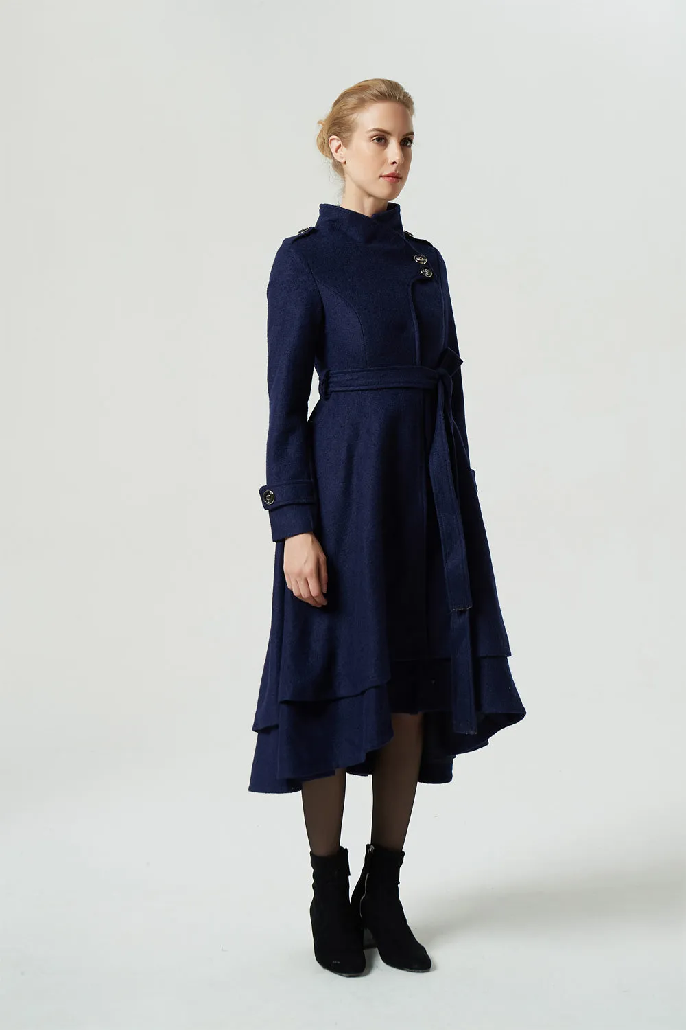 vintage inspired navy blue tiered wool coat 1981#