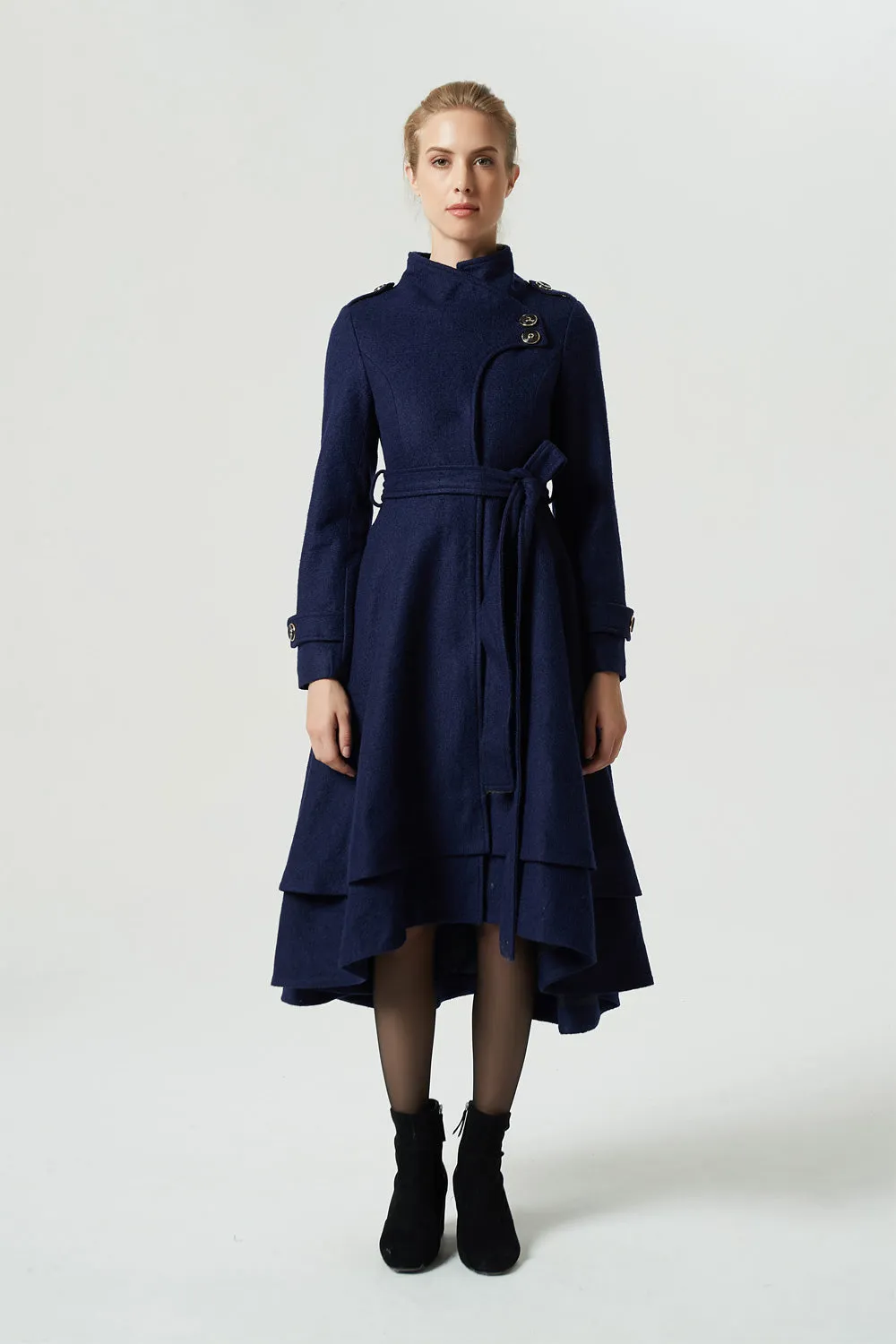 vintage inspired navy blue tiered wool coat 1981#