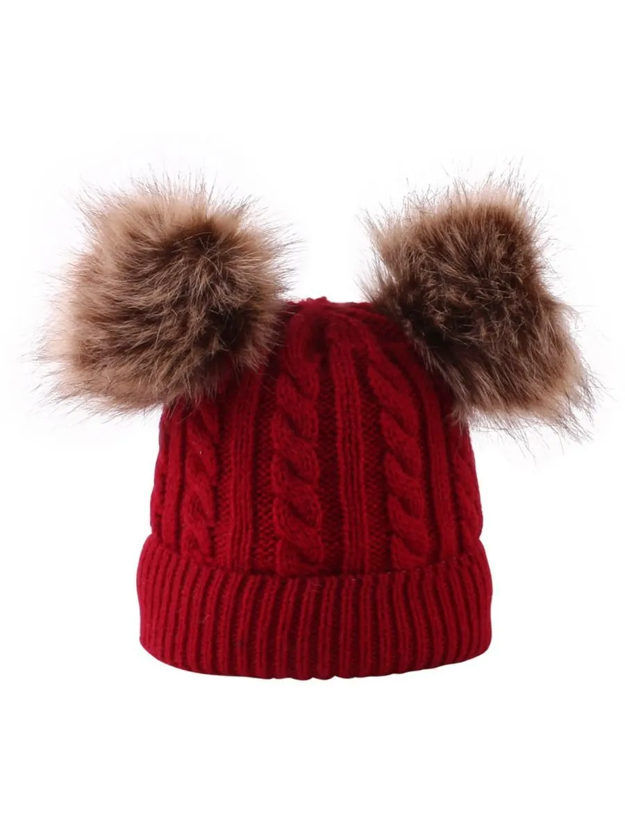 Winter Cute Baby Toddler Kids Double Pom Knitted Beanie Hat