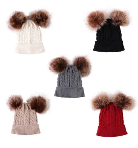 Winter Cute Baby Toddler Kids Double Pom Knitted Beanie Hat